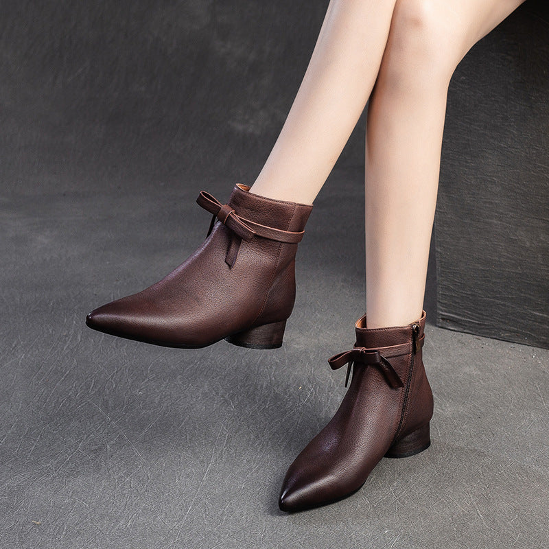 Women Retro Solid Leather Pointed Toe Low Block Ankle Boots-RAIIFY