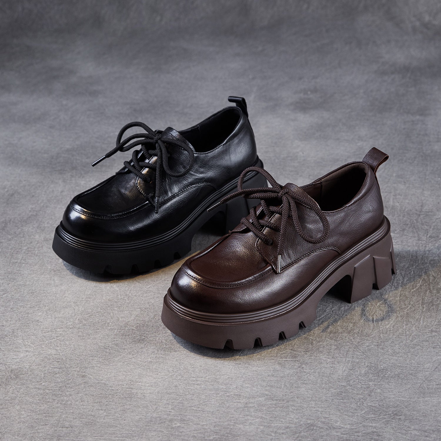 Women's Vintage Leather Chunky Heel Loafers-RAIIFY