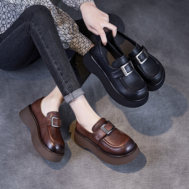 Women Retro Solid Leather Thick Soled Casual Loafers-RAIIFY