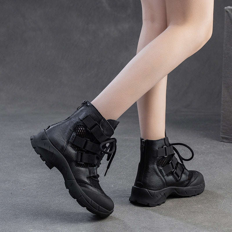 Women Breathable Mesh Plain Leather Ankle Boots-RAIIFY