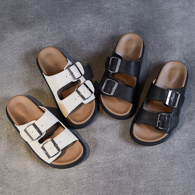 Women Retro Leather Casual Buckle Slides-RAIIFY