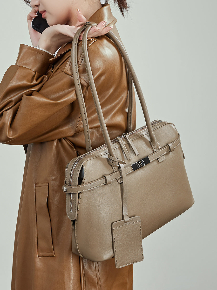 Women's Plain Leather Tote Handbag Shoulder Bag-RAIIFY