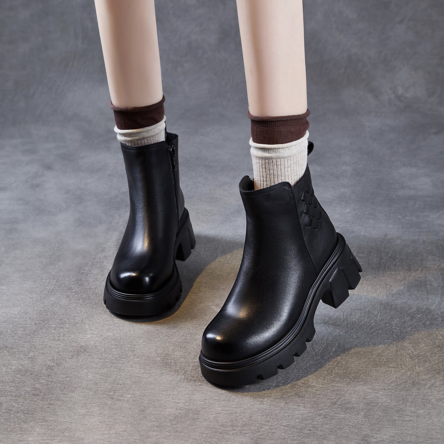 Women's Minimalist Woven Plain leather Platform Ankle Boots-RAIIFY