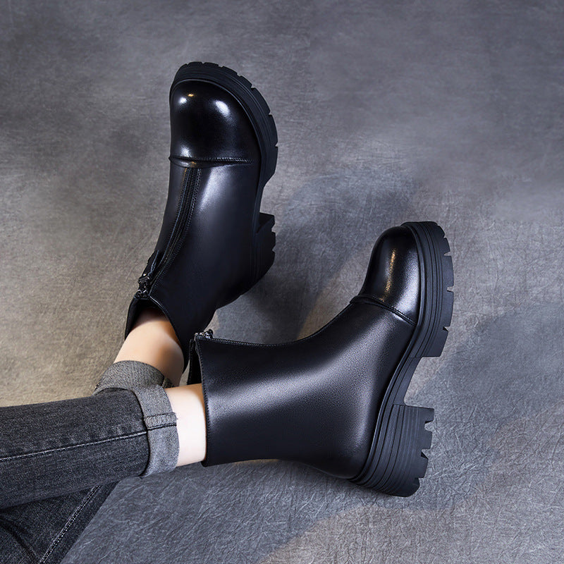 Women Minimalism Leather Front Zipper Casual Boots-RAIIFY