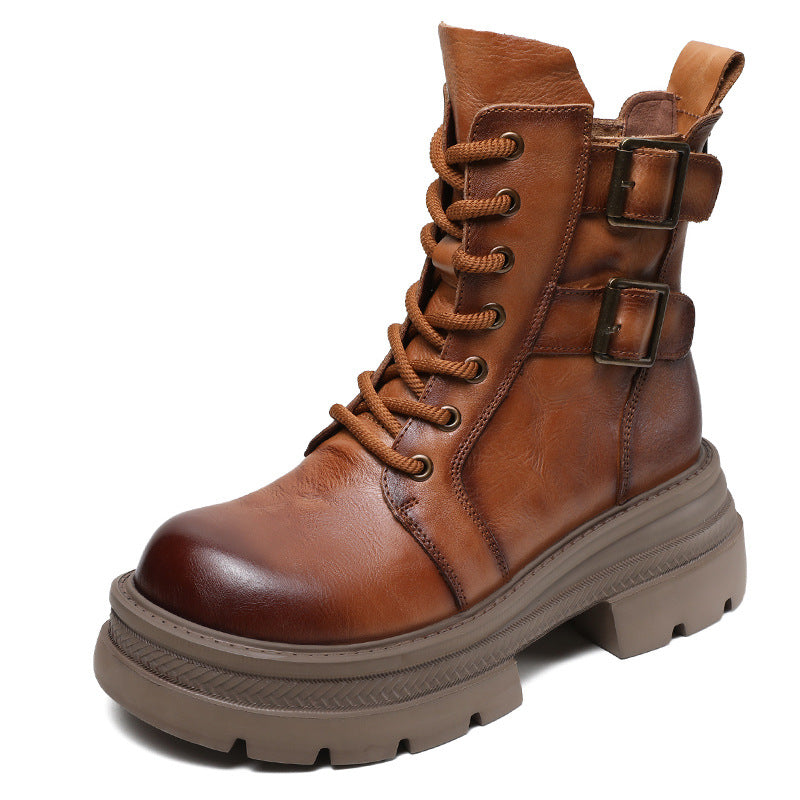 Women Vintage Leather Platform Combat Boots-RAIIFY