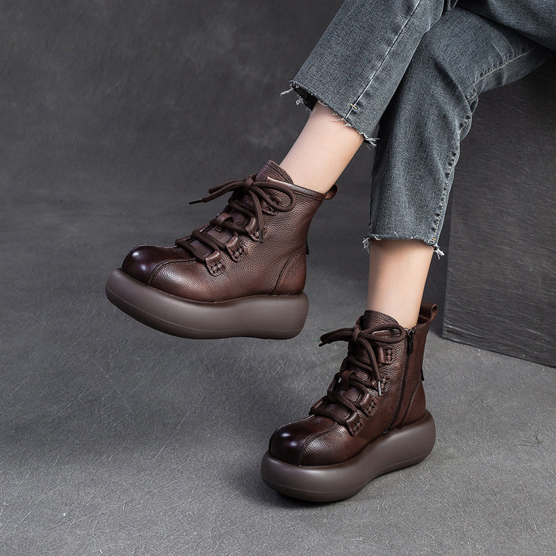 Women Retro Minimalism Leather Platform Boots-RAIIFY