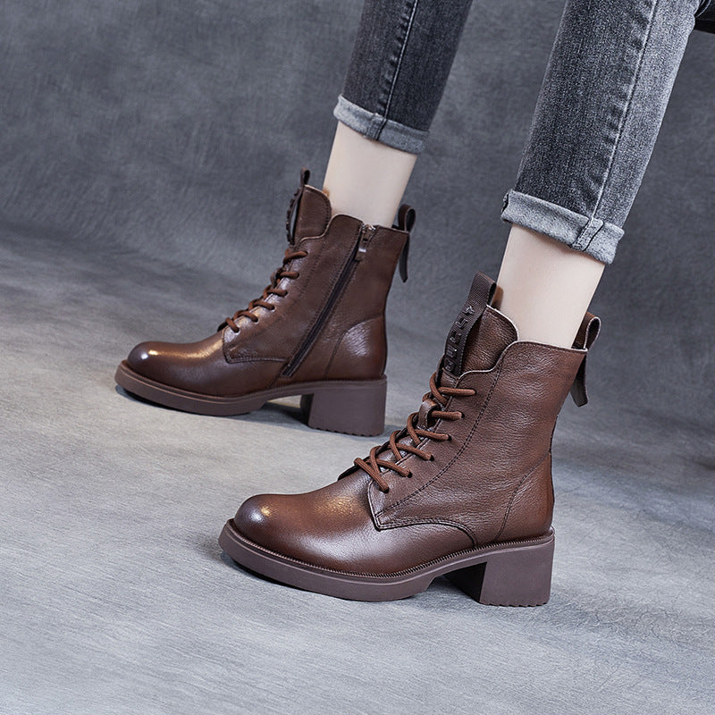 Women Vintage Soft Leather Low Block Boots-RAIIFY