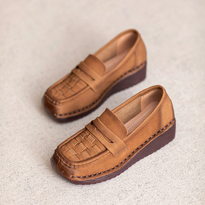 Women Solid Plaited Soft Leather Casual Loafers-RAIIFY