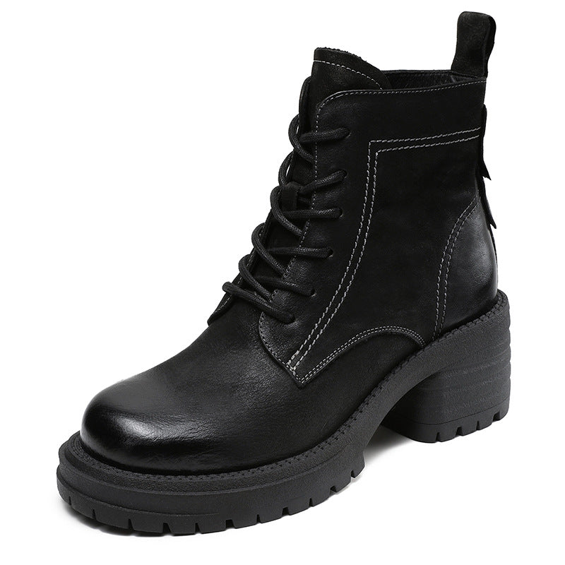 Women Vintage Qulited Leather Chunky Heel Ankle Boots-RAIIFY