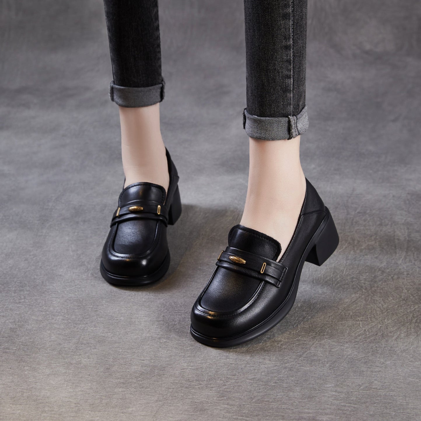 Women's Leather Casual Block Heel Loafers