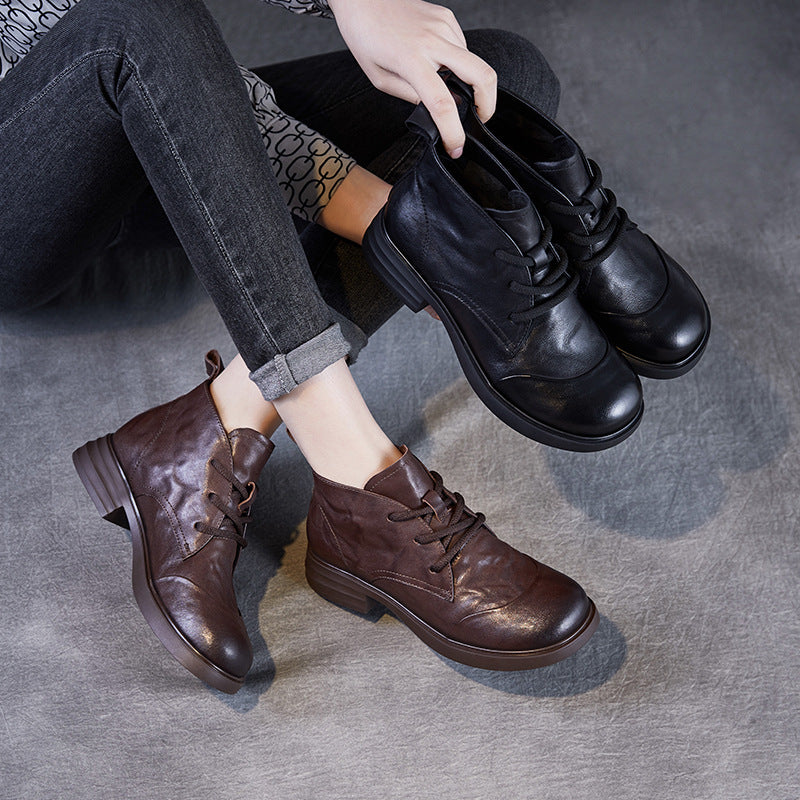 Women Vintage Solid Soft Leather Lace-up Ankle Boots-RAIIFY