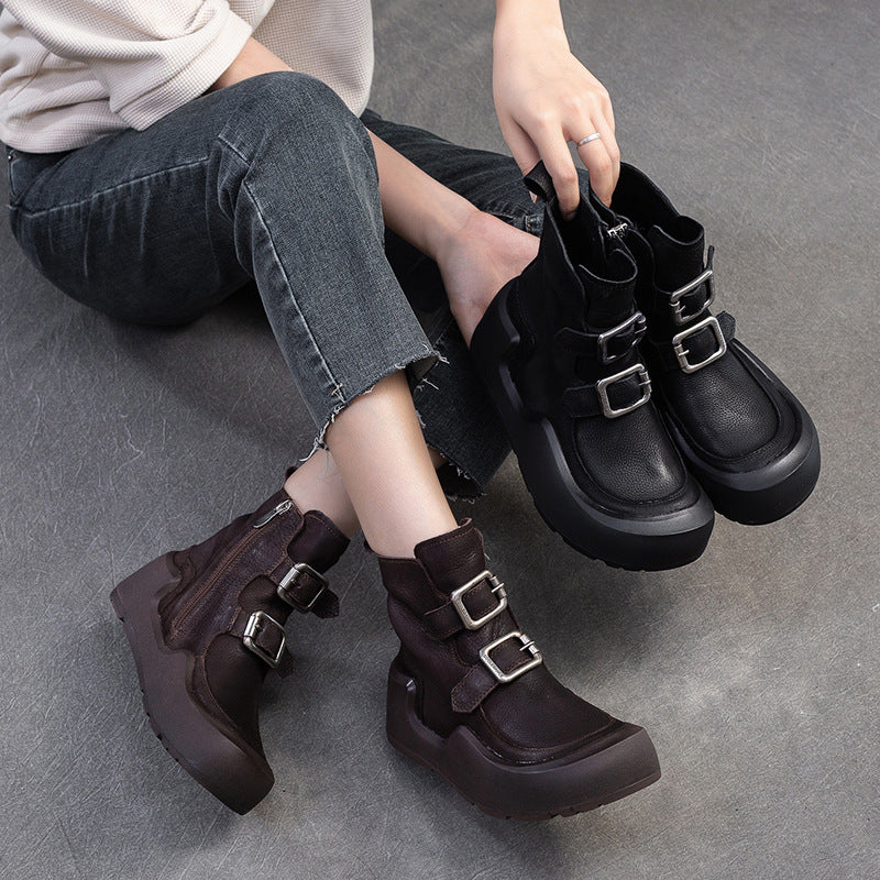 Women Retro Solid Leather Buckle Platform Boots-RAIIFY