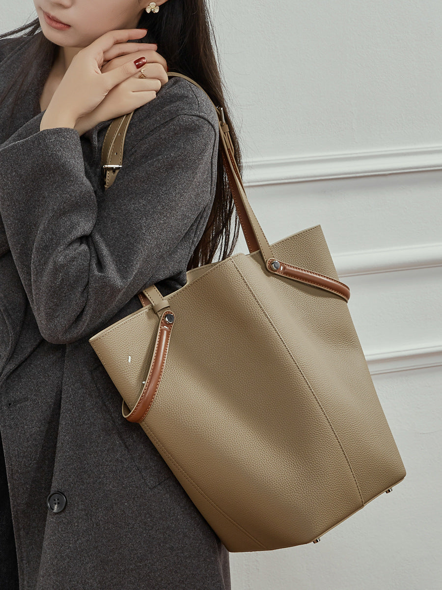 Women’s Soft Plain Leather Casual Bucket Bag-RAIIFY