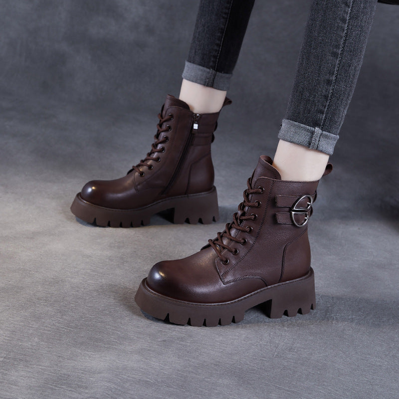 Women Vintage Solid Leather Low Block Buckle Boots-RAIIFY