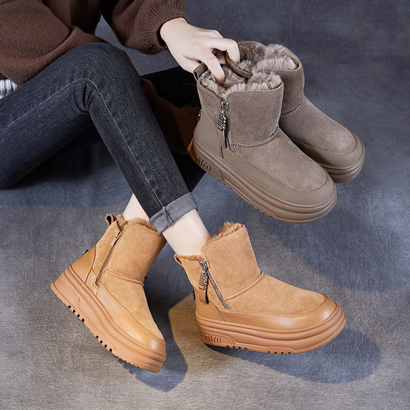 Women Retro Solid Suede Chunky Platform Ankle Snow Boots-RAIIFY