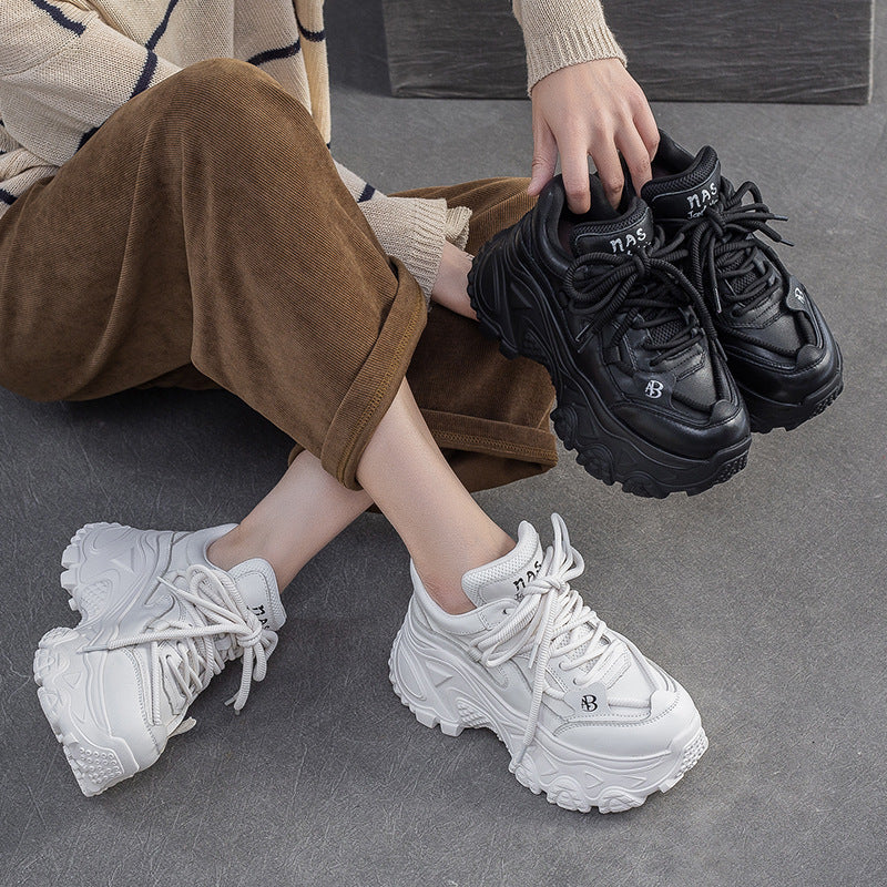 Women's Retro Plain Leather Chunky Platform Sneakers-RAIIFY