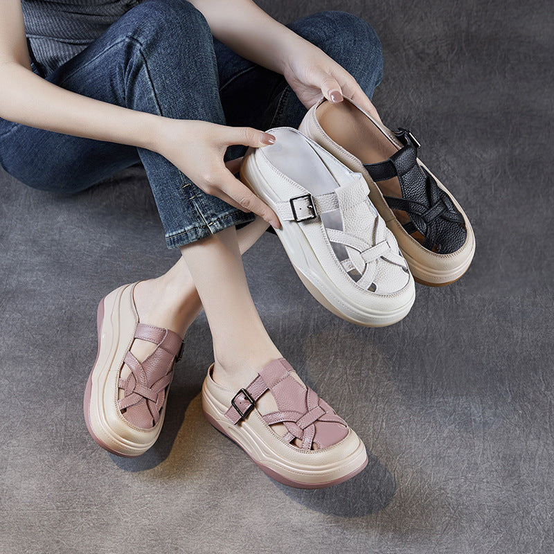 Women's Solid Plaited Leather Round Head Casual Slides-RAIIFY