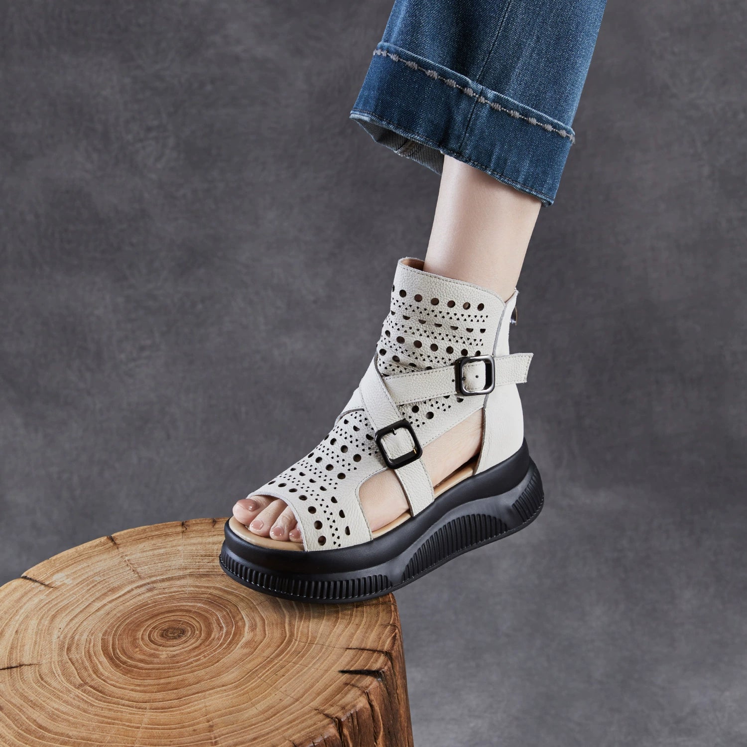 Women's Retro Cowhide Thick Sole Cutout Peep Toe Sandals