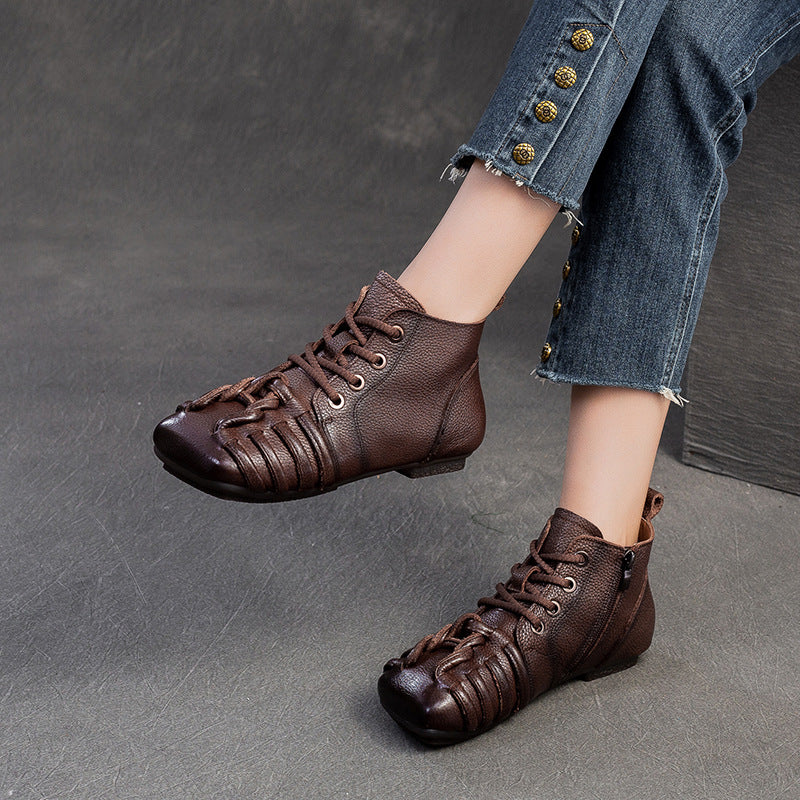 Women Retro Plaited Leather Soft Flat Ankle Boots-RAIIFY