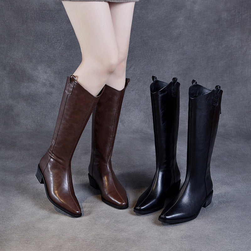 Women's Vintage Leather Pointed Toe Knee High Riding Boots-RAIIFY