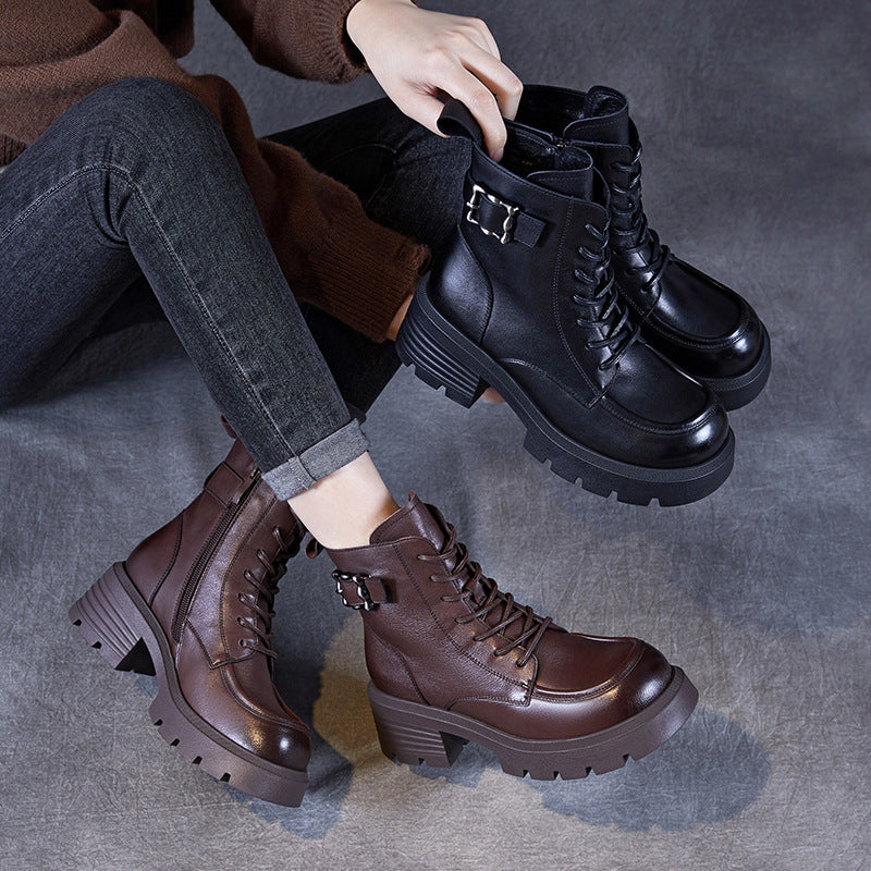 Women Vintage Leather Buckle Low Block Boots-RAIIFY