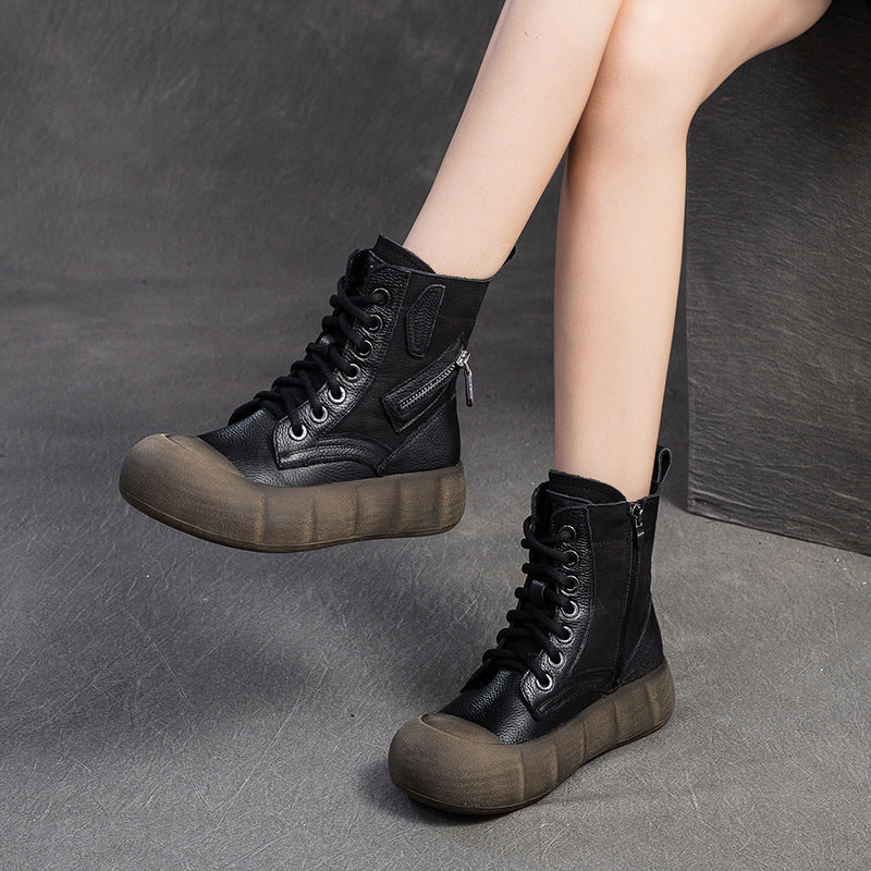 Women Retro Soft Leather Ankle Combat Boots-RAIIFY