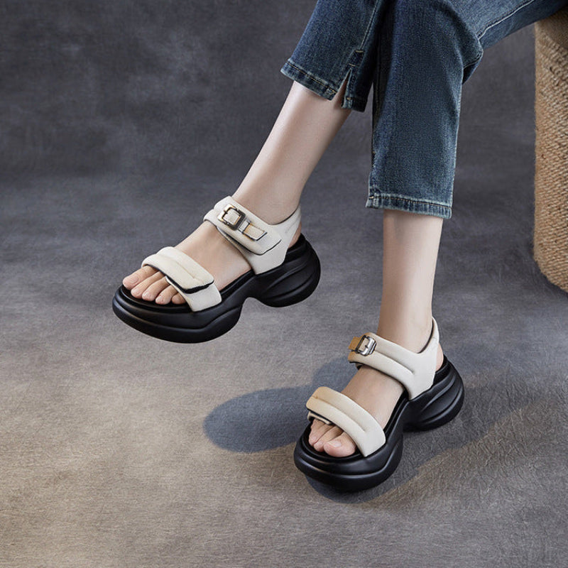 Women's Fashion Plain Leather Casual Platform Sandals-RAIIFY