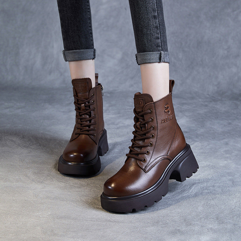 Women Vintage Solid Leather Fashion Platform Boots-RAIIFY