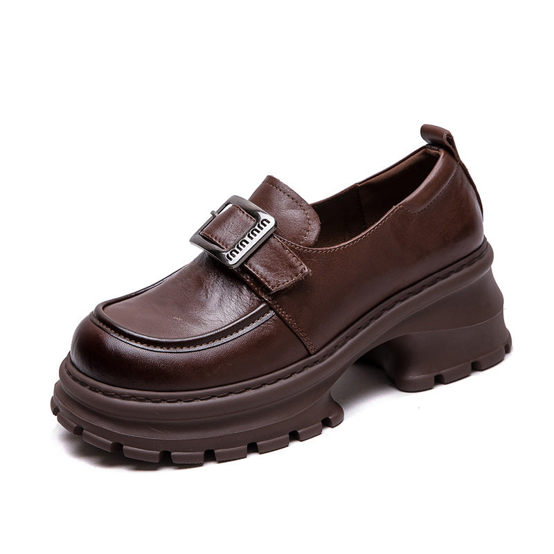 Women Retro Plain Leather Chunky Heel Loafers-RAIIFY