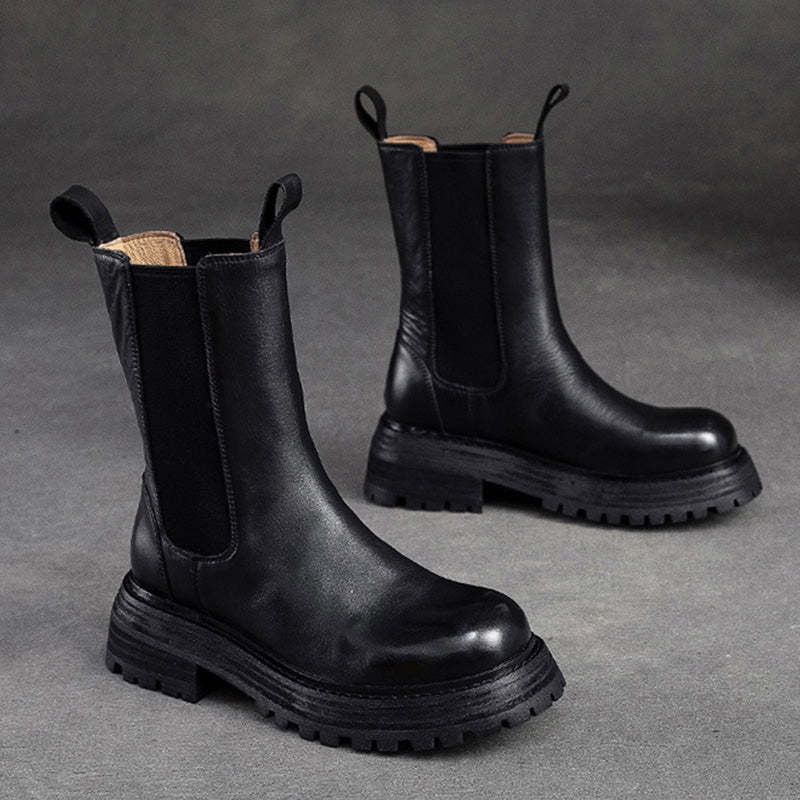 Women Retro Minimalist Leather Mid-Calf Boots-RAIIFY