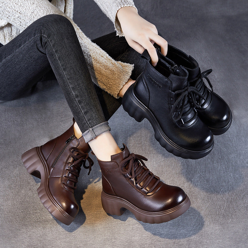 Women Retro Solid Leather Platform Ankle Boots-RAIIFY