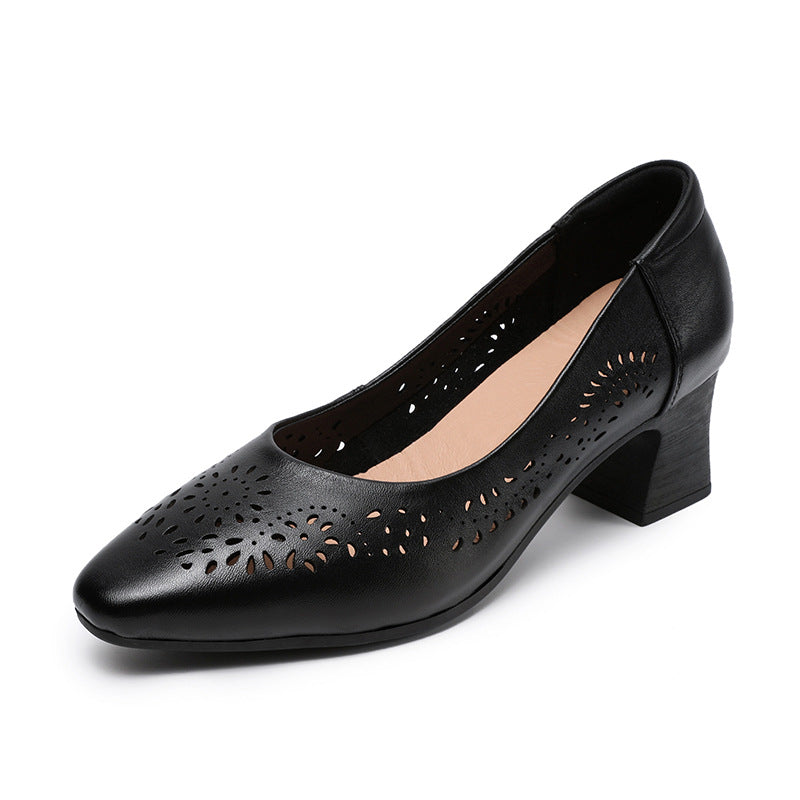 Women Hollow Leather Point Toe Chunky Heel Pumps-RAIIFY