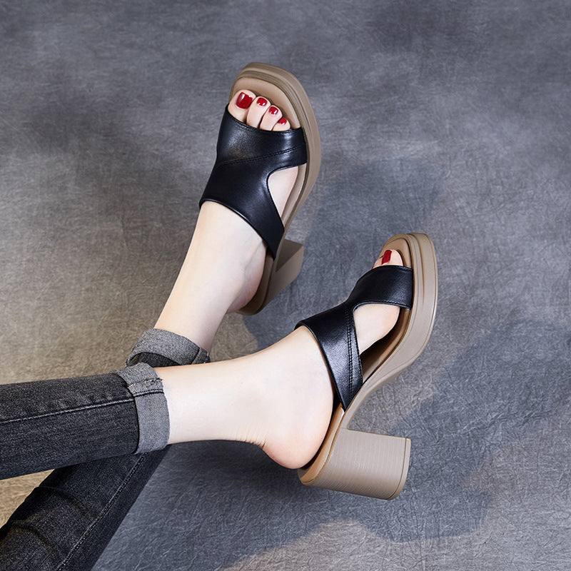 Women Summer Leather Chunky Heigh Heel Casual Sandals-RAIIFY