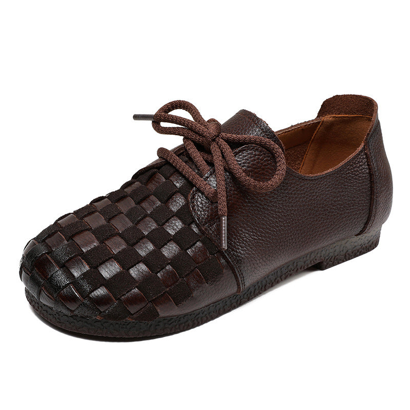 Women Retro Soft Plaited Leather Flat Casual Shoes-RAIIFY