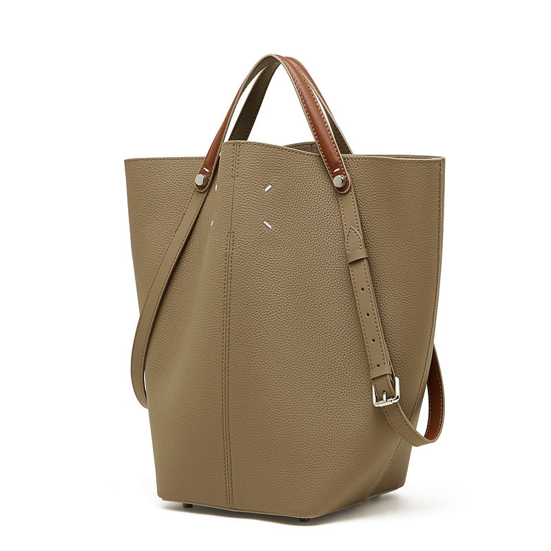 Women’s Soft Plain Leather Casual Bucket Bag-RAIIFY