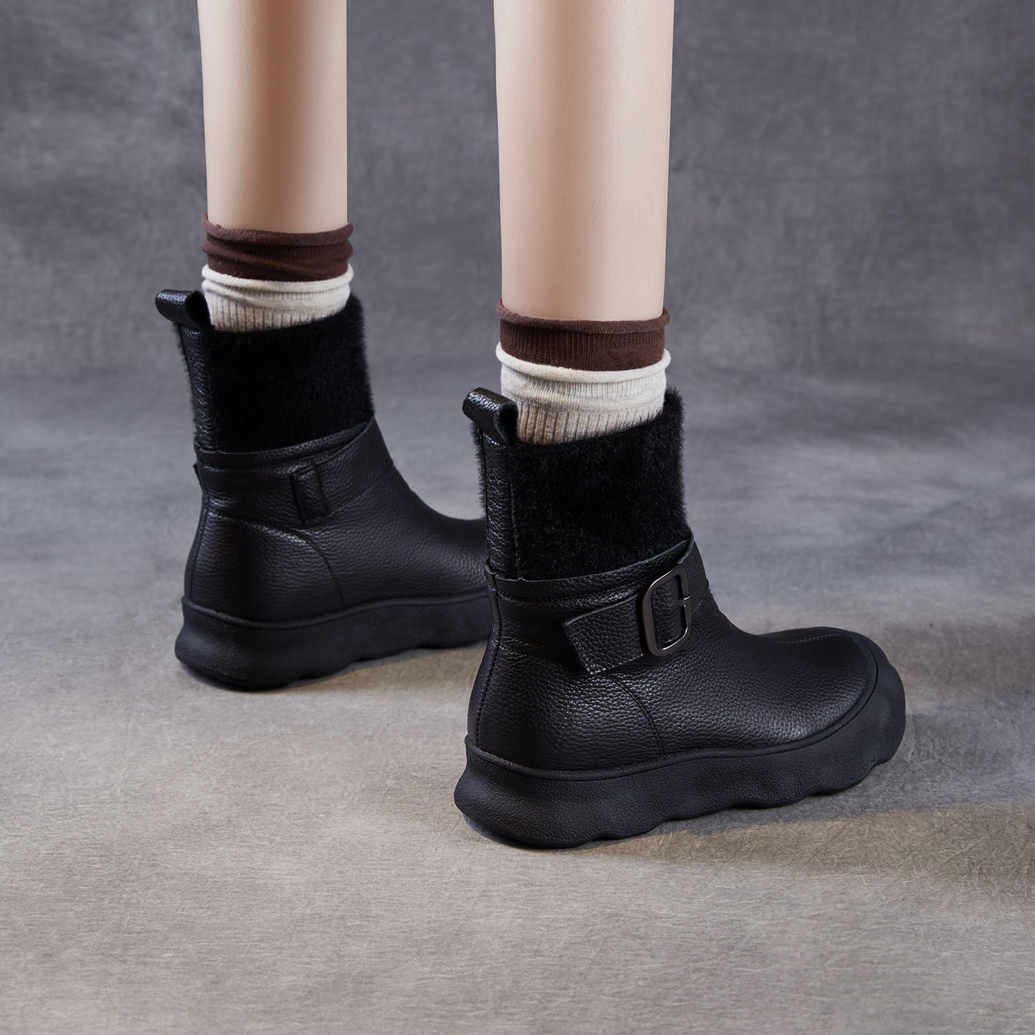 Women's Leather Buckle-Strap Furred Ankle Boots-RAIIFY