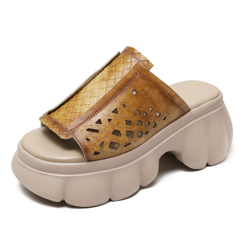 Women Summer Hollow Leather Platform Casual Slides-RAIIFY