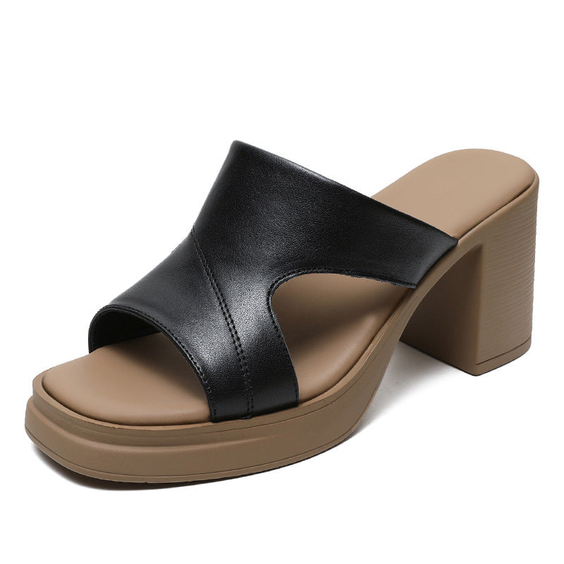 Women Summer Leather Chunky Heigh Heel Casual Sandals-RAIIFY