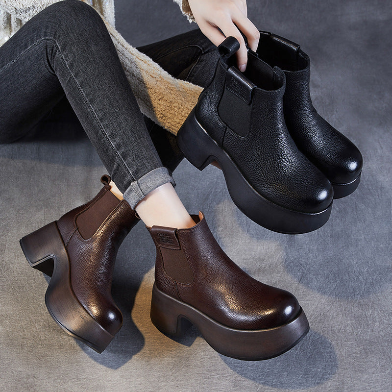 Women Vintage Solid Leather Minimalism Platform Boots-RAIIFY