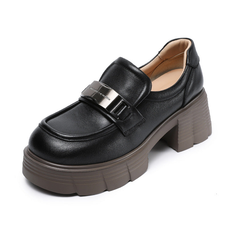 Women Simple Solid Leather Chunky Heel Loafers-RAIIFY