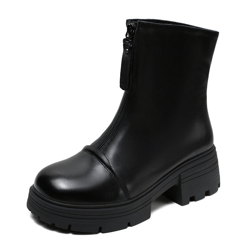 Women Minimalism Leather Front Zipper Casual Boots-RAIIFY