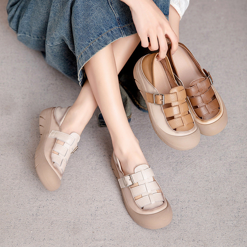 Women Summer Round Head Plaited Leather Casual Sandals-RAIIFY