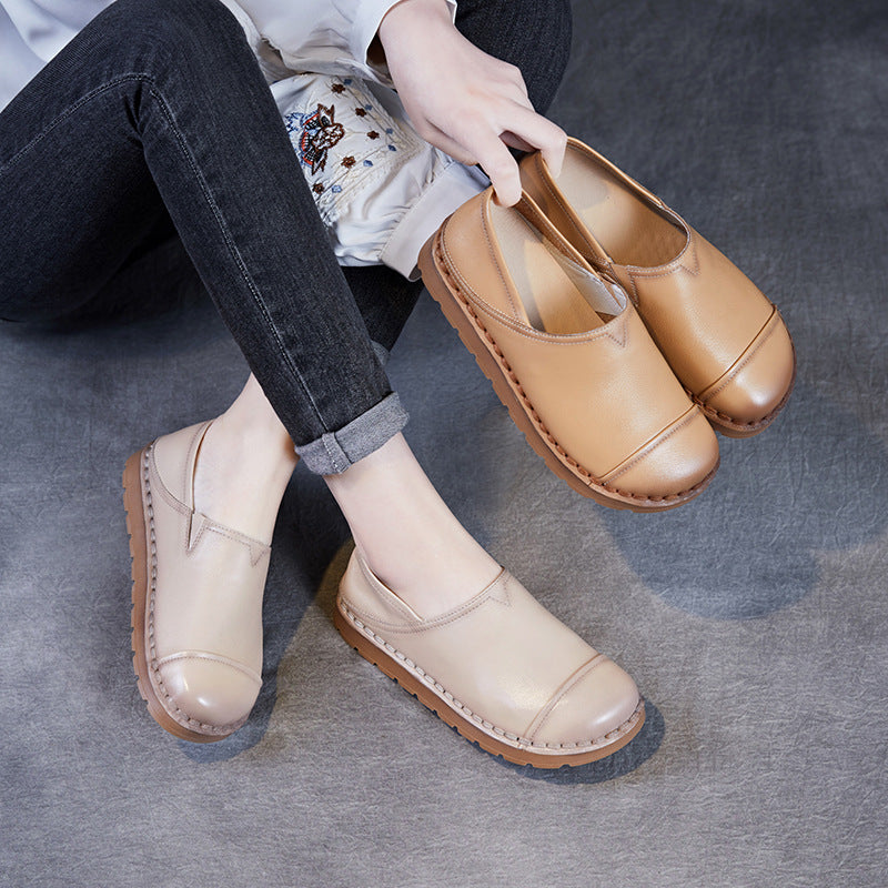 Women Minimalism Plain Leather Flat Soft Casual Shoes-RAIIFY