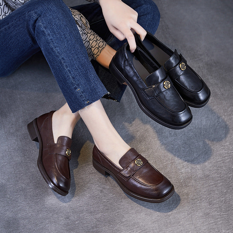 Women Vintage Solid Leather Work Loafers-RAIIFY