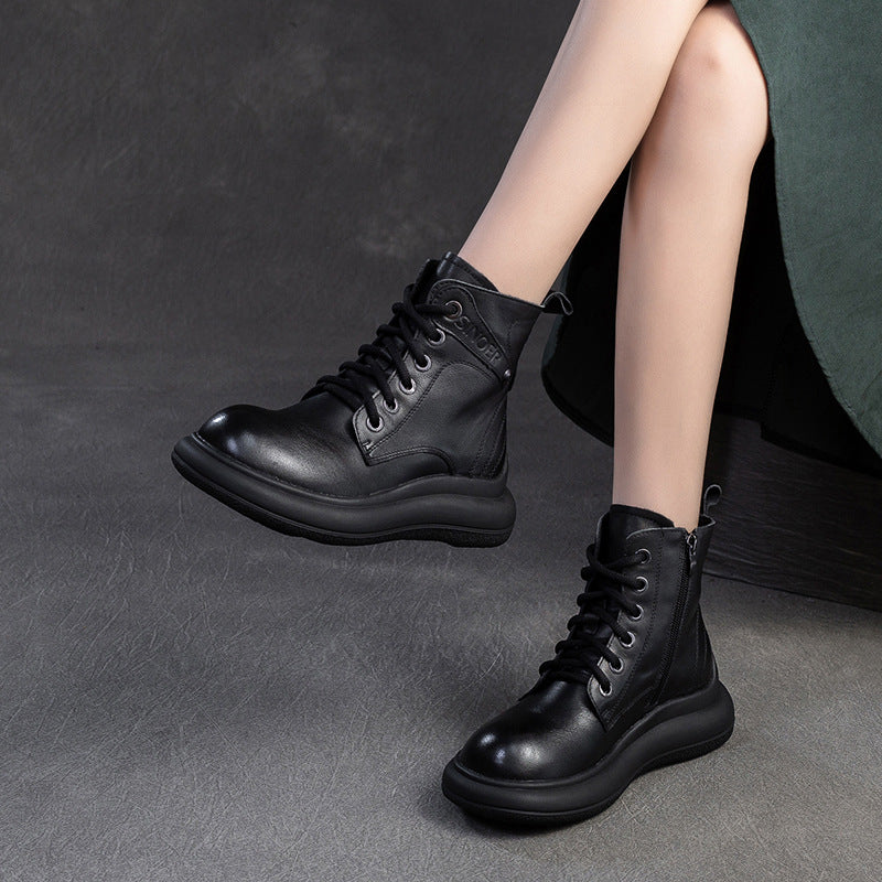 Women Solid Leather Minimalism Flat Ankle Boots-RAIIFY