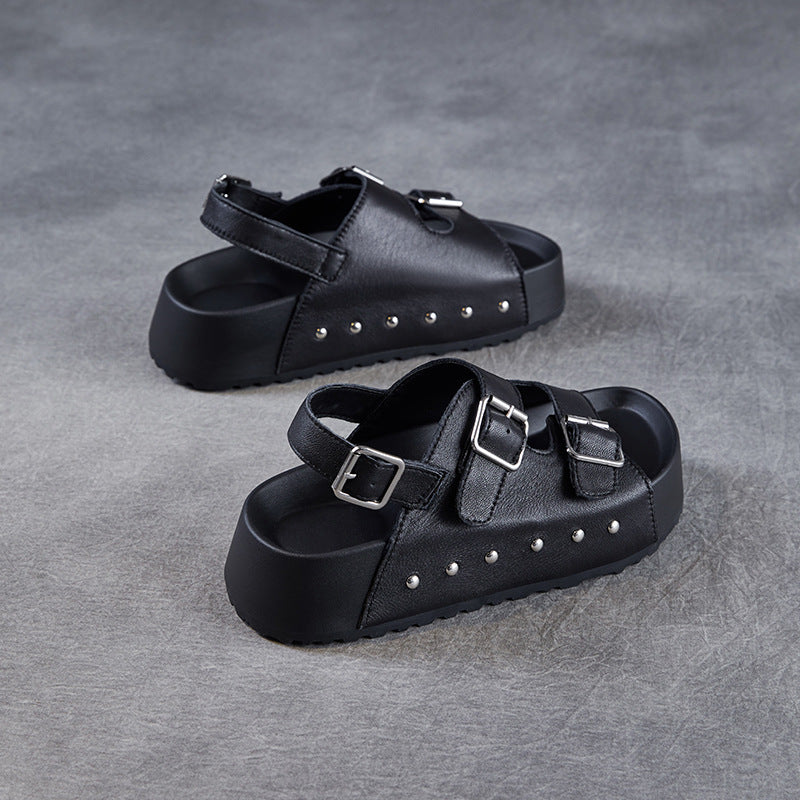 Women Summer Plain Leather Buckle Casual Sandals-RAIIFY