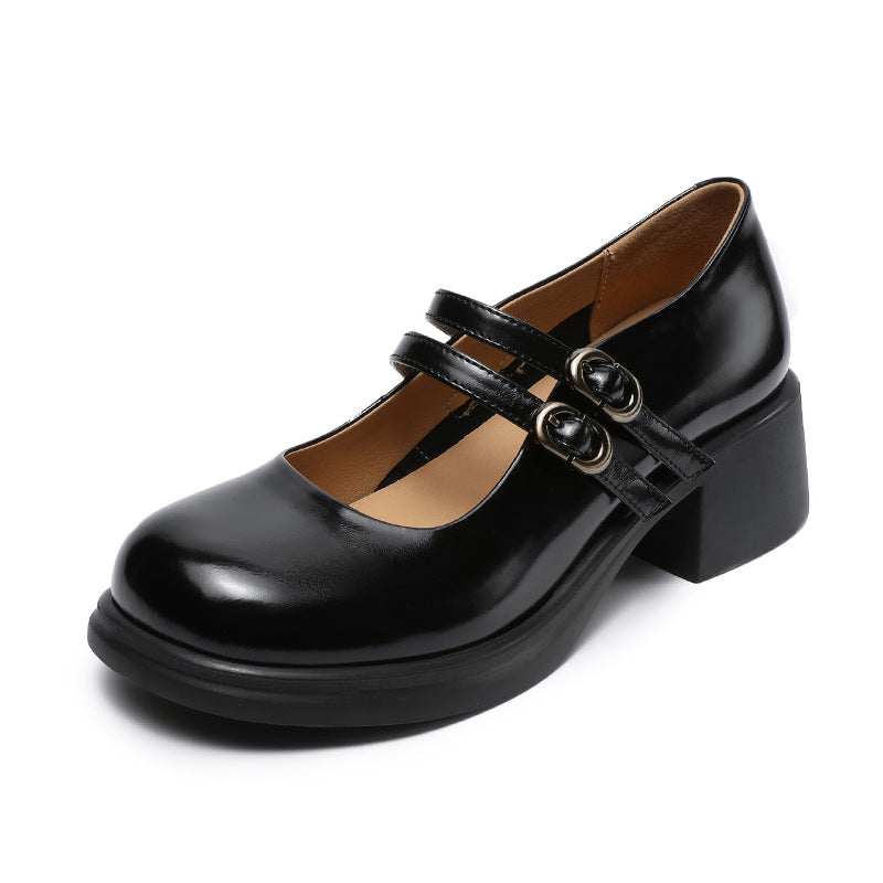 Women Fashion Solid Leather Low Block Mary Jane Shoes-RAIIFY