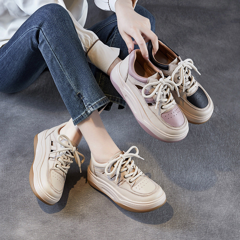 Women Fashion Hollow Leather Thick Soled Casual Shoes-RAIIFY