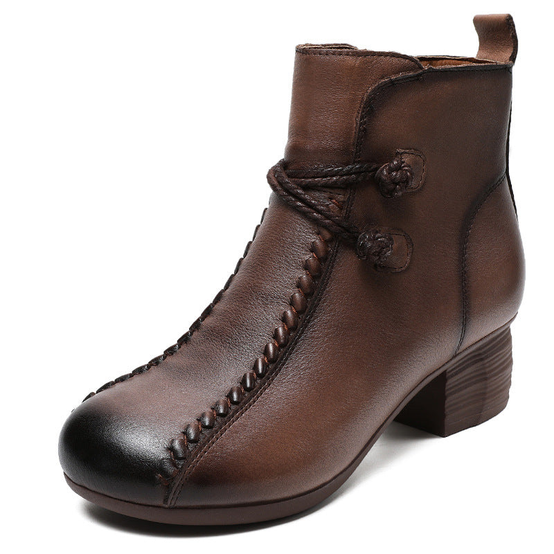 Women's Retro Leather Winter Furred Low Block Ankle Boots-RAIIFY