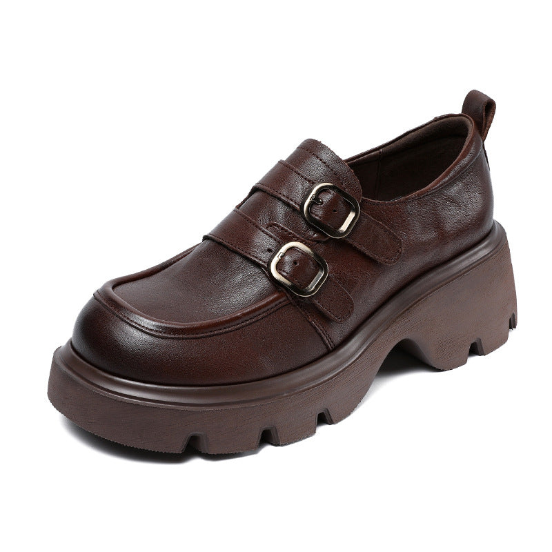 Women Retro Leather Buckle Thick Soled Loafers-RAIIFY